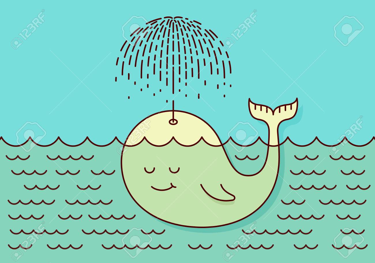 彼の噴水から傘を作り雨の下で海に泳ぎに不注意なクジラのかわいい赤ちゃんとポスター フラット スタイルのデザイン コンセプトのパステル カラー ベクトル図のイラスト素材 ベクタ Image