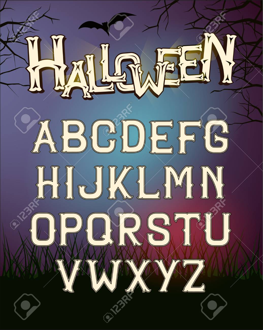 ハロウィーン フォント文字 暗い夜の森のポスター の写真素材 画像素材 Image