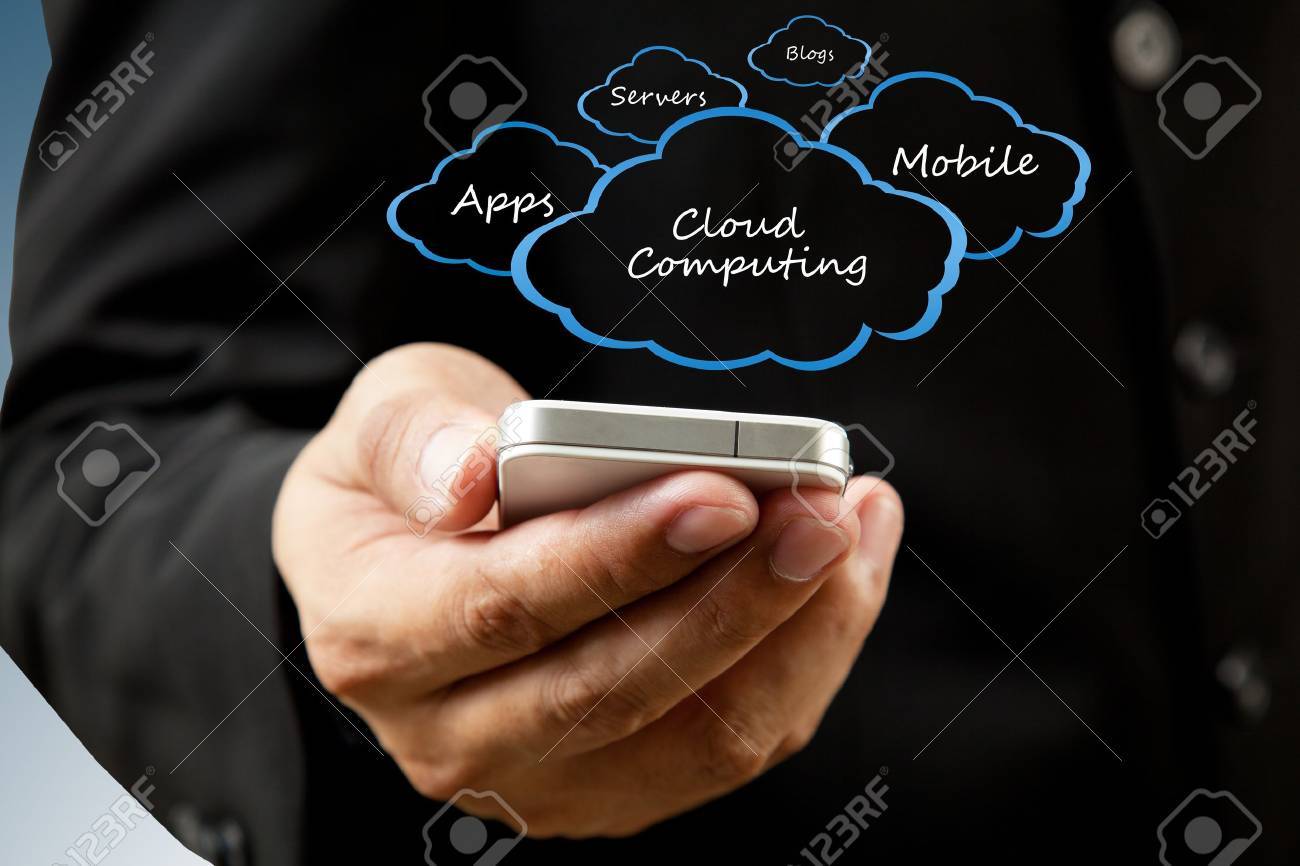 Businessman holding mobile phone Cloud computing concept - 14764738 Businessman holding mobile phone Cloud computing concept - 14764738