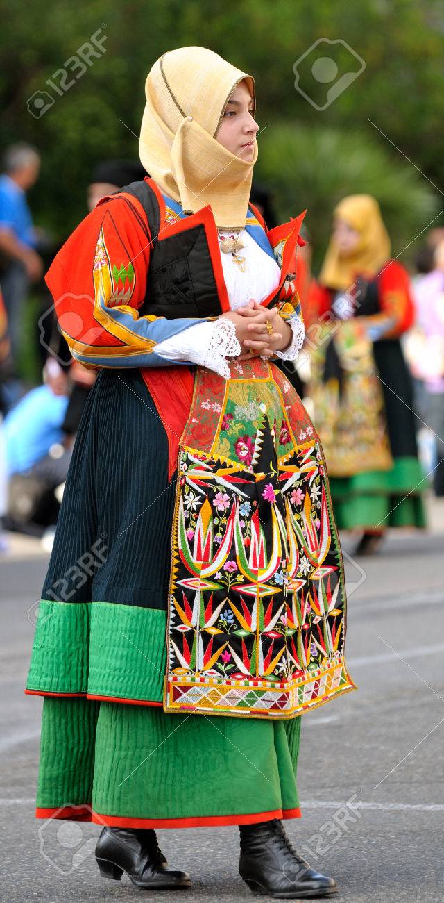 Nuoro, Sardinia, Italy - August 23, 2015: Parade Of Traditional Costumes Of  Sardinia On The Occasion Of The Feast Of The Redeemer Of The Aug. 23, 2015  In Nuoro, Sardinia. Stock Photo,, image size:640x1300