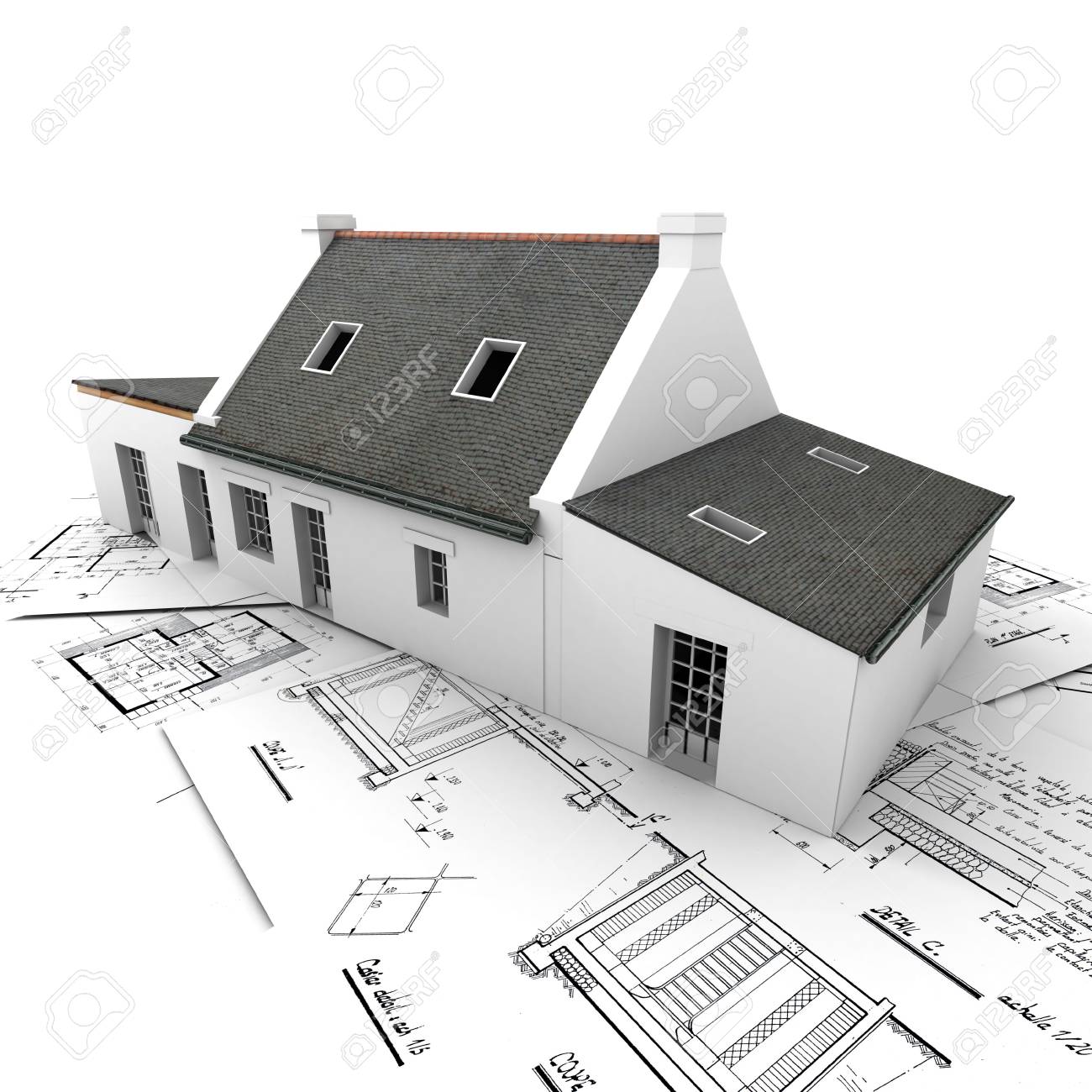 Architecture Blueprints 3d rendering of a house on top of architecture blueprints stock Architecture Blueprints 3d rendering of a house on top of architecture blueprints stock