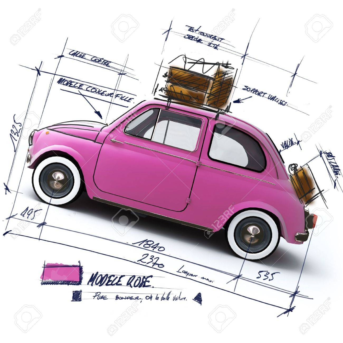 Retro pink car design with scribbled notes and measures - 3067607 Retro pink car design with scribbled notes and measures - 3067607