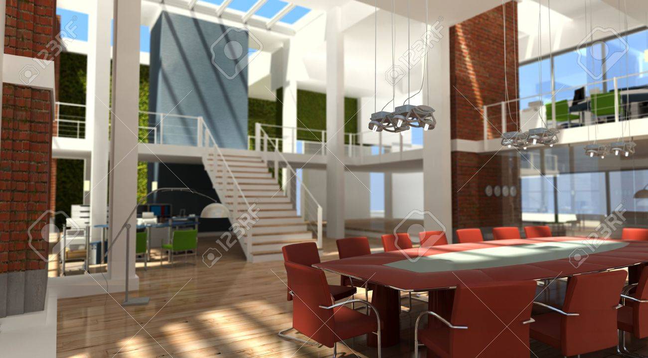 3D Rendering Of A Very Modern Office In A Loft Stock Photo 3D Rendering Of A Very Modern Office In A Loft Stock Photo