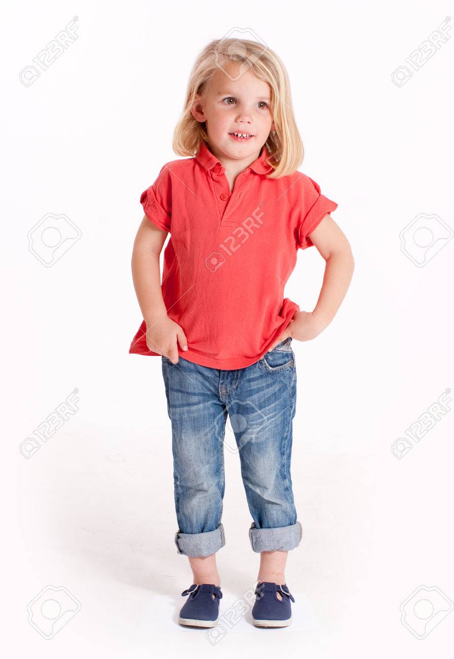red polo shirt and jeans
