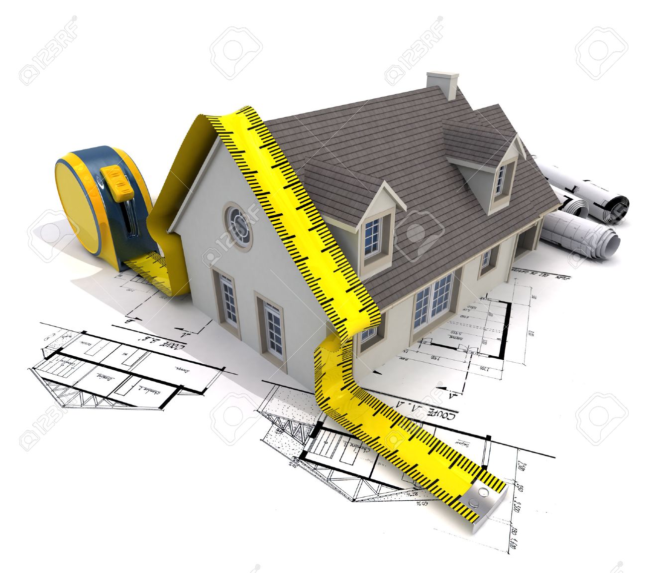 3D Rendering Of A House With A Tape Measure On Top Of Blueprints Stock  Photo, Picture and Royalty Free Image. Image 37106583., image size:1300x1150