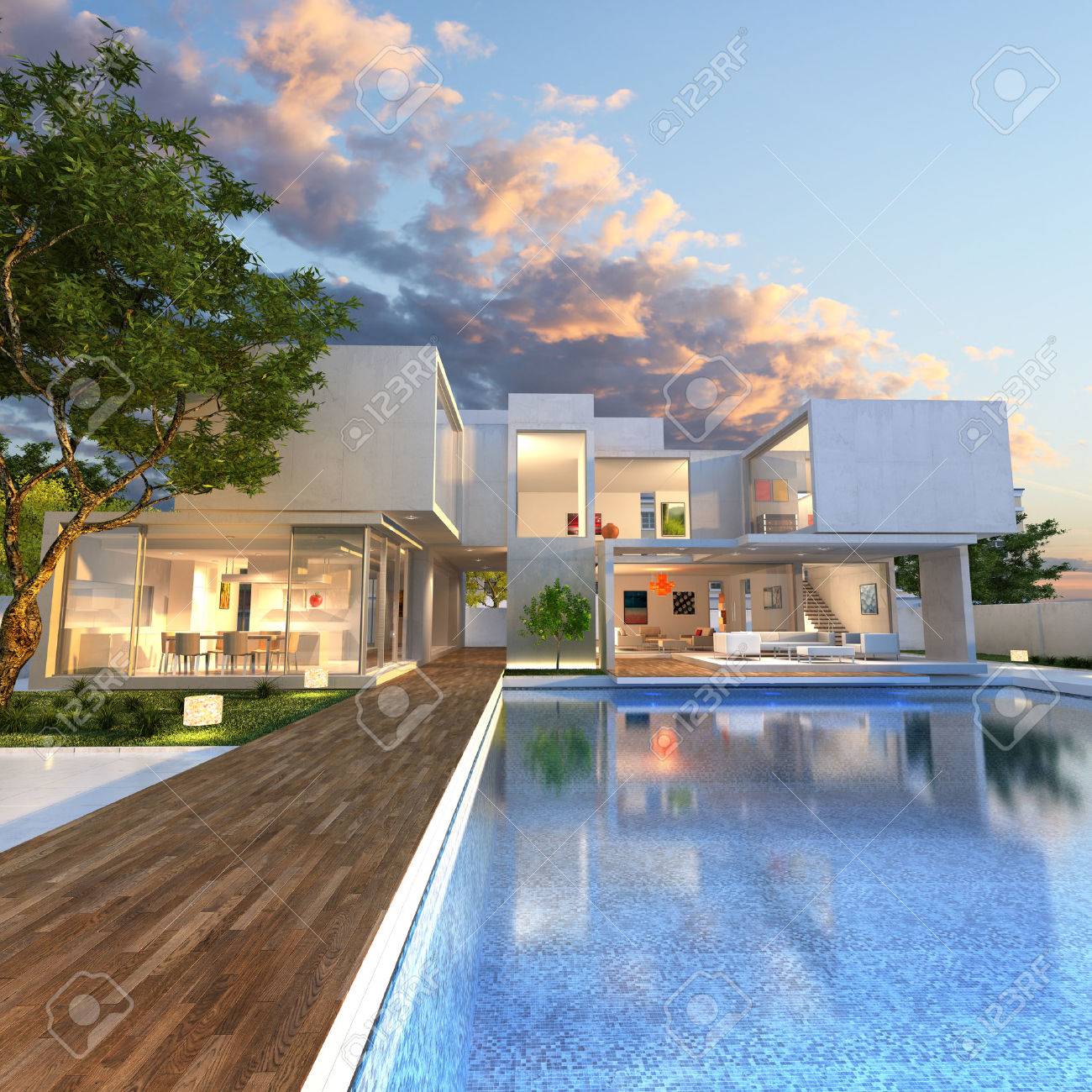 Rendering 3d di stupenda villa con piscina, alla fine della ...