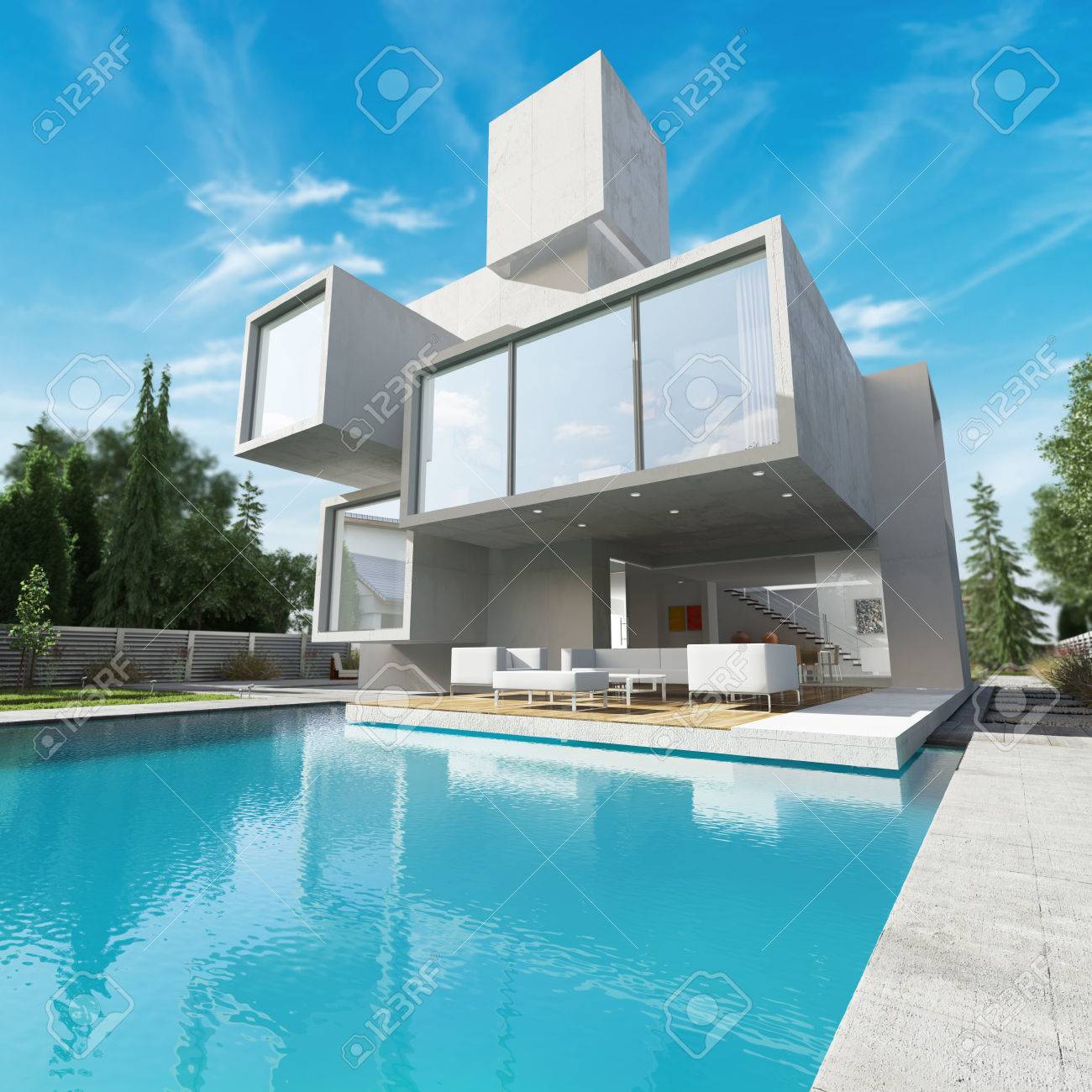 Vue Extérieure Dune Maison Contemporaine Avec Piscine Banque D