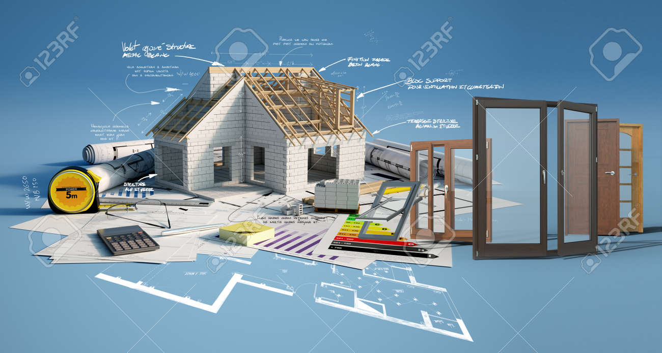 3D Rendering Of A House Under Construction On Top Of Blueprints, With Doors  And Windows Selection And An Energy Efficiency Chart Stock Photo, Picture  and Royalty Free Image. Image 189548983., image size:1300x695
