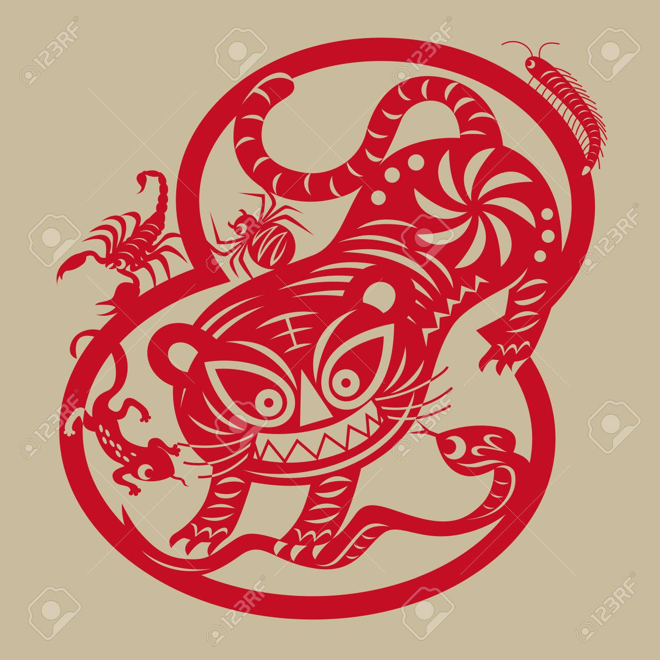 タイガーの切り絵芸術をはじく 五毒のある生き物 中国で幸運のシンボルとみなされる良好な健康状態を持つ人々 の祝福を表します のイラスト素材 ベクタ Image