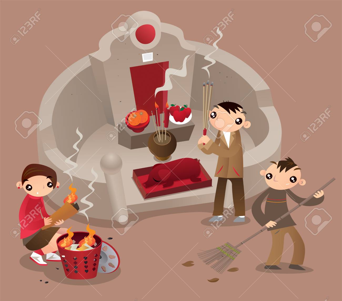 A Hong Kong family visit the tomb of their ancestors, pray and give offerings during Tomb-sweeping day (Ching Ming Festival) - 108718207 A Hong Kong family visit the tomb of their ancestors, pray and give offerings during Tomb-sweeping day (Ching Ming Festival) - 108718207