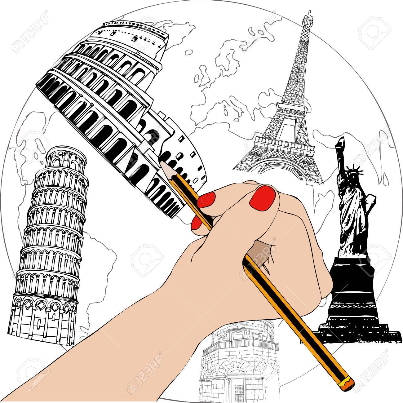 イラストを描いた世界の有名なモニュメントをよせる女性の手のモニュメント デザイナー のイラスト素材 ベクタ Image イラストを描いた世界の有名なモニュメントをよせる女性の手のモニュメント デザイナー のイラスト素材 ベクタ Image