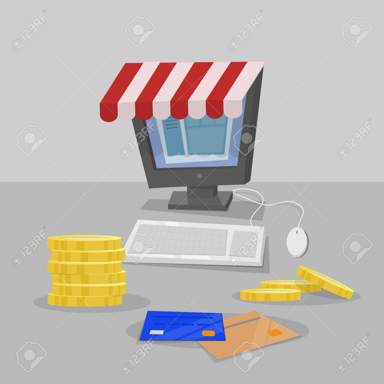 desktop computer with money and credit cards to make online before physical credit card