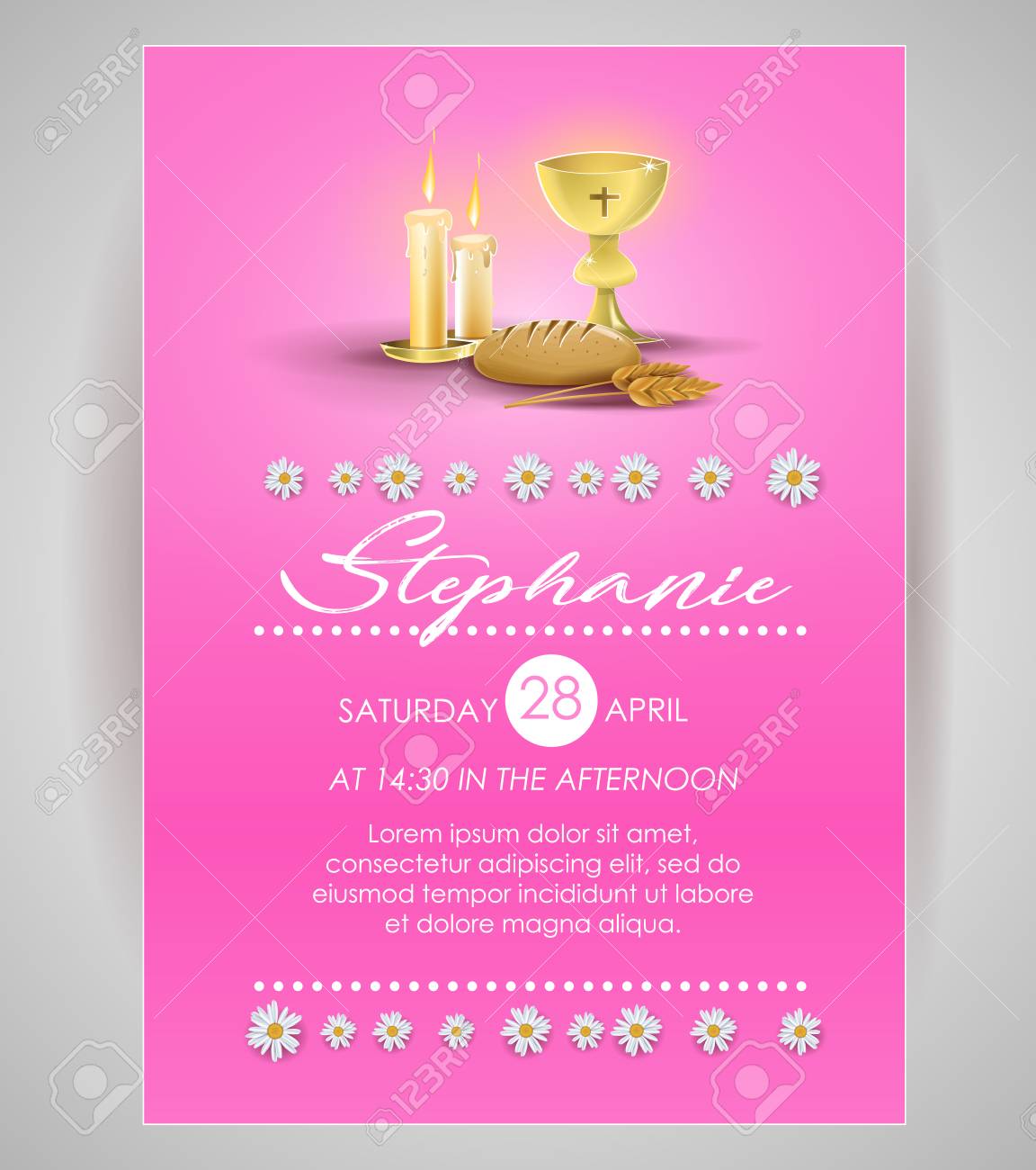 Carte D Invitation Religieuse Rose Invitation A La Premiere Communion Elements Religieux Sur Fond Rose Et Fleurs Image Vectorielle Clip Art Libres De Droits Vecteurs Et Illustration Image