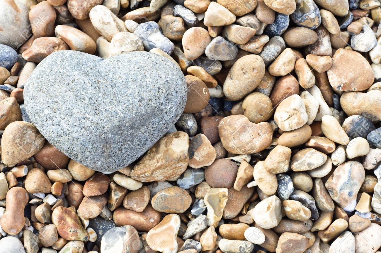 a grey heart shaped stone in upper left of frame resting on stock