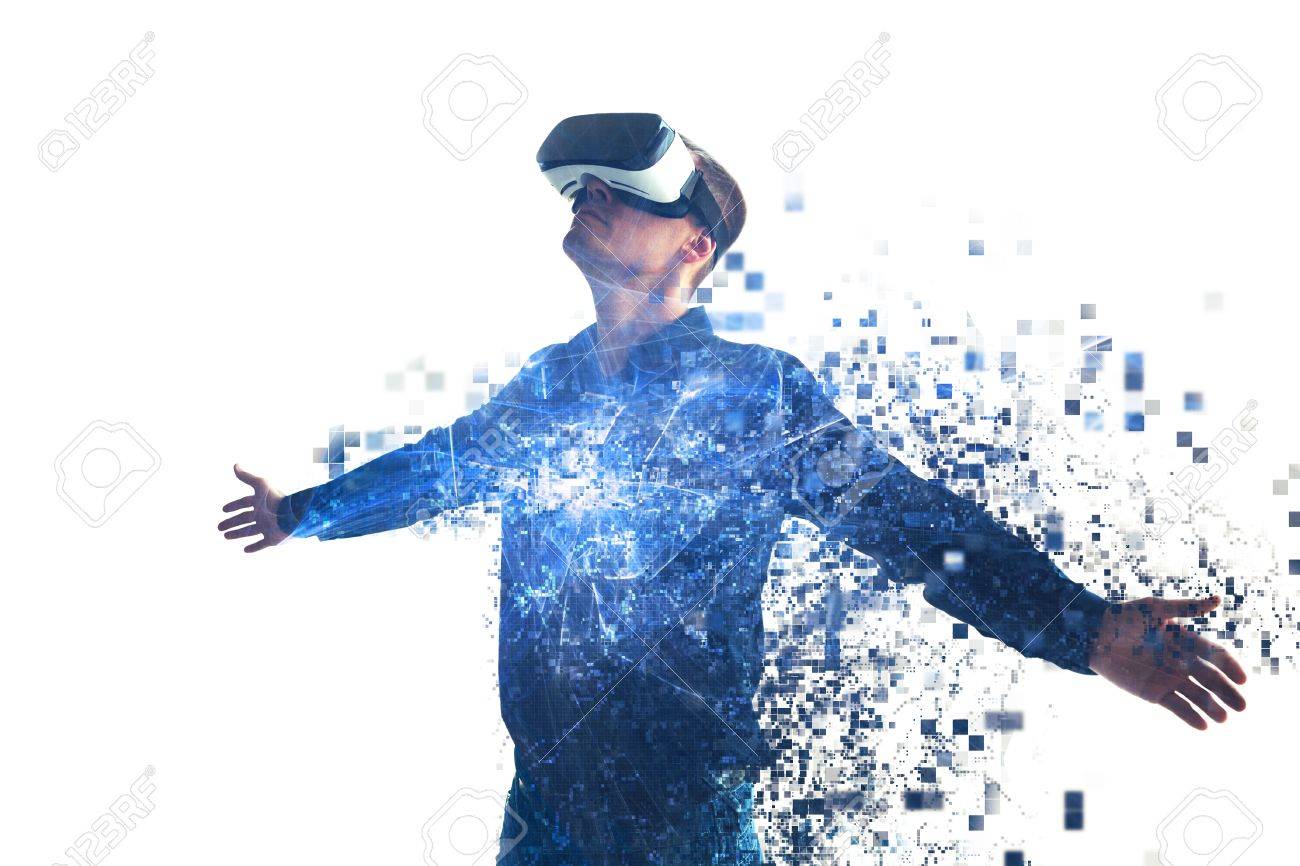 A person in virtual glasses flies to pixels. The man with glasses of virtual reality. Future technology concept. Modern imaging technology. - 83528746 A person in virtual glasses flies to pixels. The man with glasses of virtual reality. Future technology concept. Modern imaging technology. - 83528746