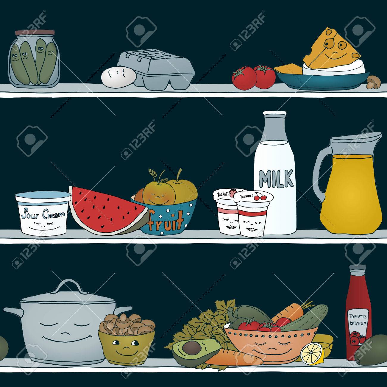 異なる食料品 暗い冷蔵庫シームレス パターンやバナーで眠りのかわいいイラストのイラスト素材 ベクタ Image 異なる食料品 暗い冷蔵庫シームレス パターンやバナーで眠りのかわいいイラストのイラスト素材 ベクタ Image