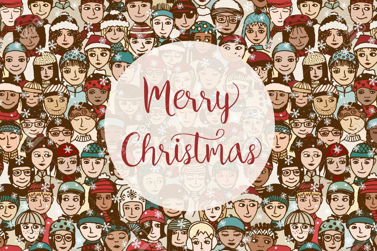 christmas card template with a group of hand drawn doodle faces