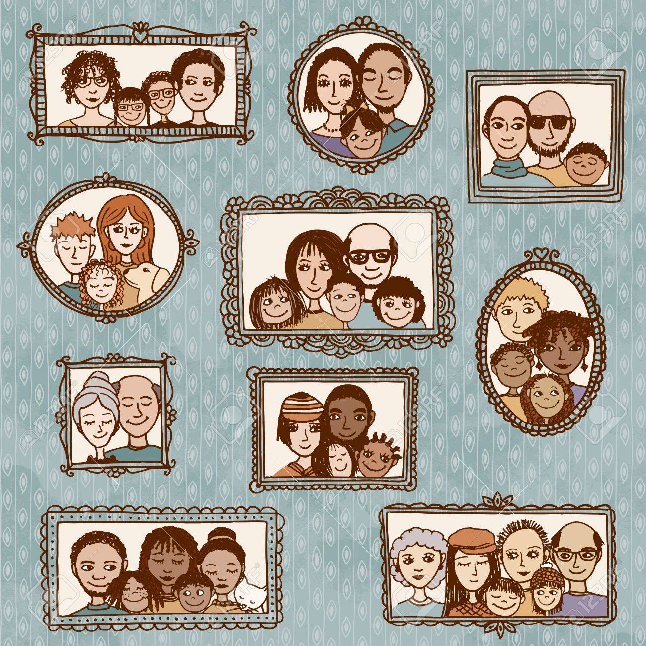 Cute hand drawn picture frames with family portraits - 52586055 Cute hand drawn picture frames with family portraits - 52586055