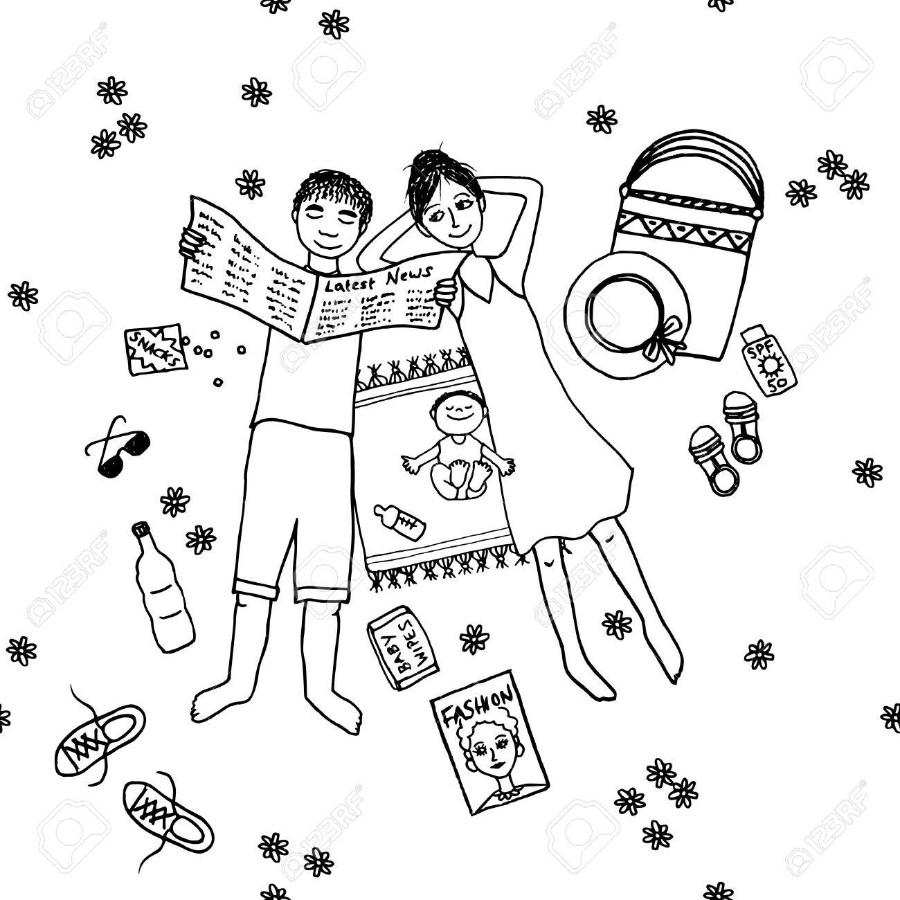 かわいい手描き下ろしカップルの小さな赤ちゃんは 黒と白のイラストと一緒に公園で横になっています のイラスト素材 ベクタ Image