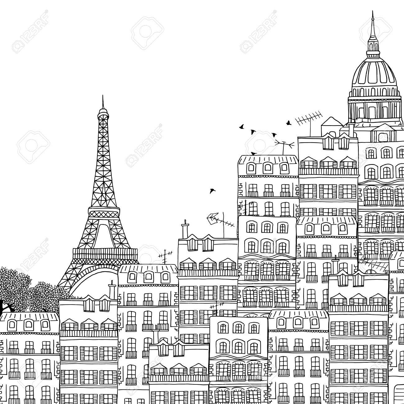 Hand drawn black and white illustration of Paris - 55801427 Hand drawn black and white illustration of Paris - 55801427