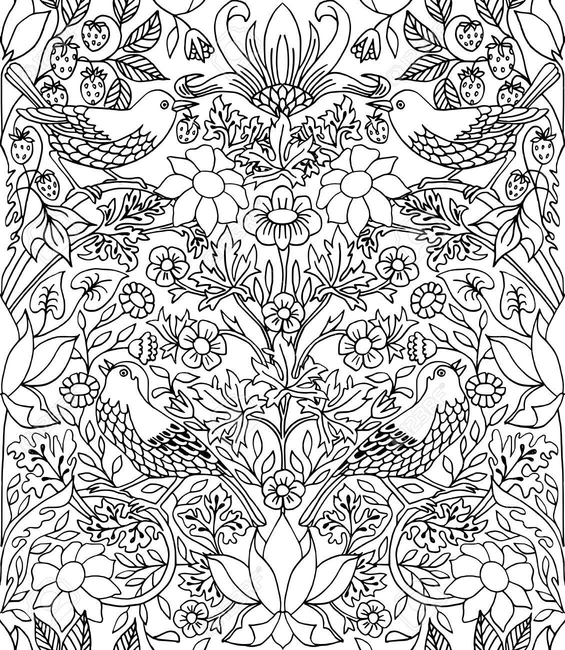 イチゴ泥棒 手の描かれたシームレス パターン 線画大人着色書籍に適したのイラスト素材 ベクタ Image