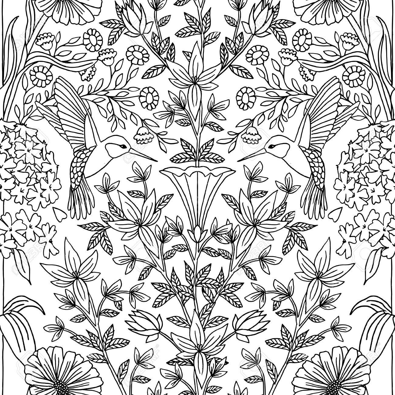 Hand drawn seamless black and white pattern with hummingbirds and flowers - 57503787 Hand drawn seamless black and white pattern with hummingbirds and flowers - 57503787
