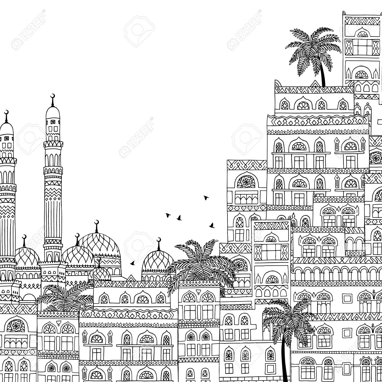 サナア イエメン 美しいアラベスク住宅 モスクでの手描き白黒イラストのイラスト素材 ベクタ Image