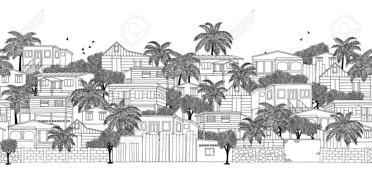 木造高床式住宅 カリブ海の村のシームレスなバナー手描き下ろしモノクロ イラストのイラスト素材 ベクタ Image