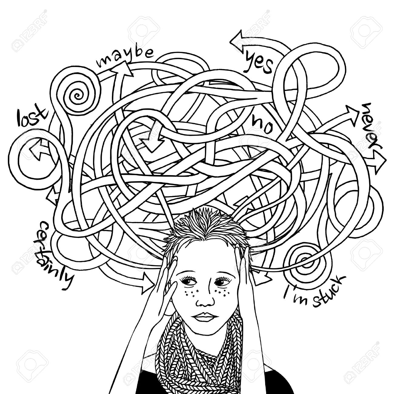 Confused decision making girl, black and white ink illustration - 60560501 Confused decision making girl, black and white ink illustration - 60560501