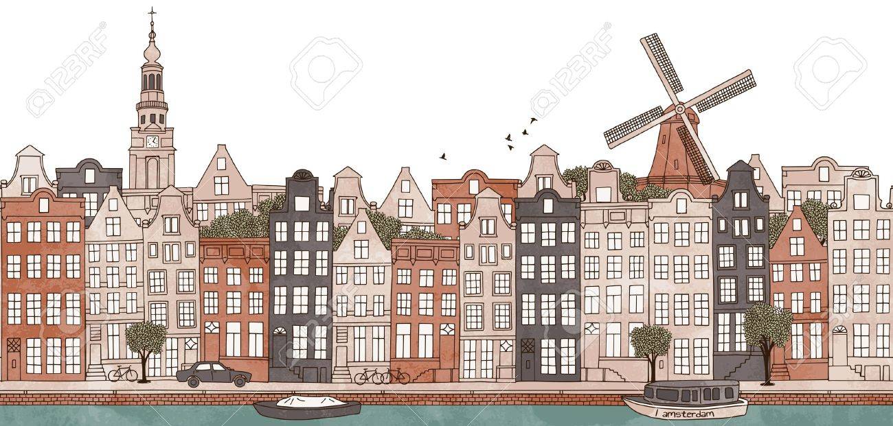 Amsterdam, Netherlands - seamless banner of Amsteram's skyline, hand drawn and digitally colored ink illustration - 67085423 Amsterdam, Netherlands - seamless banner of Amsteram's skyline, hand drawn and digitally colored ink illustration - 67085423