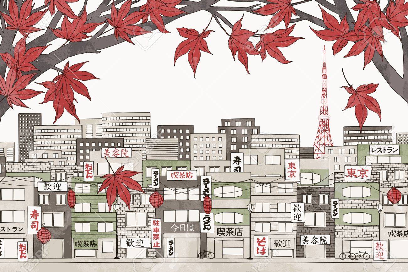Tokyo in autumn - colorful hand drawn illustration of the city with red Japanese maple branches - 64562399 Tokyo in autumn - colorful hand drawn illustration of the city with red Japanese maple branches - 64562399