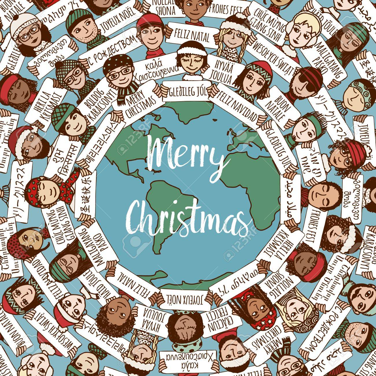 christmas around the world hand drawn doodle faces with merry pictures of merry christmas signs