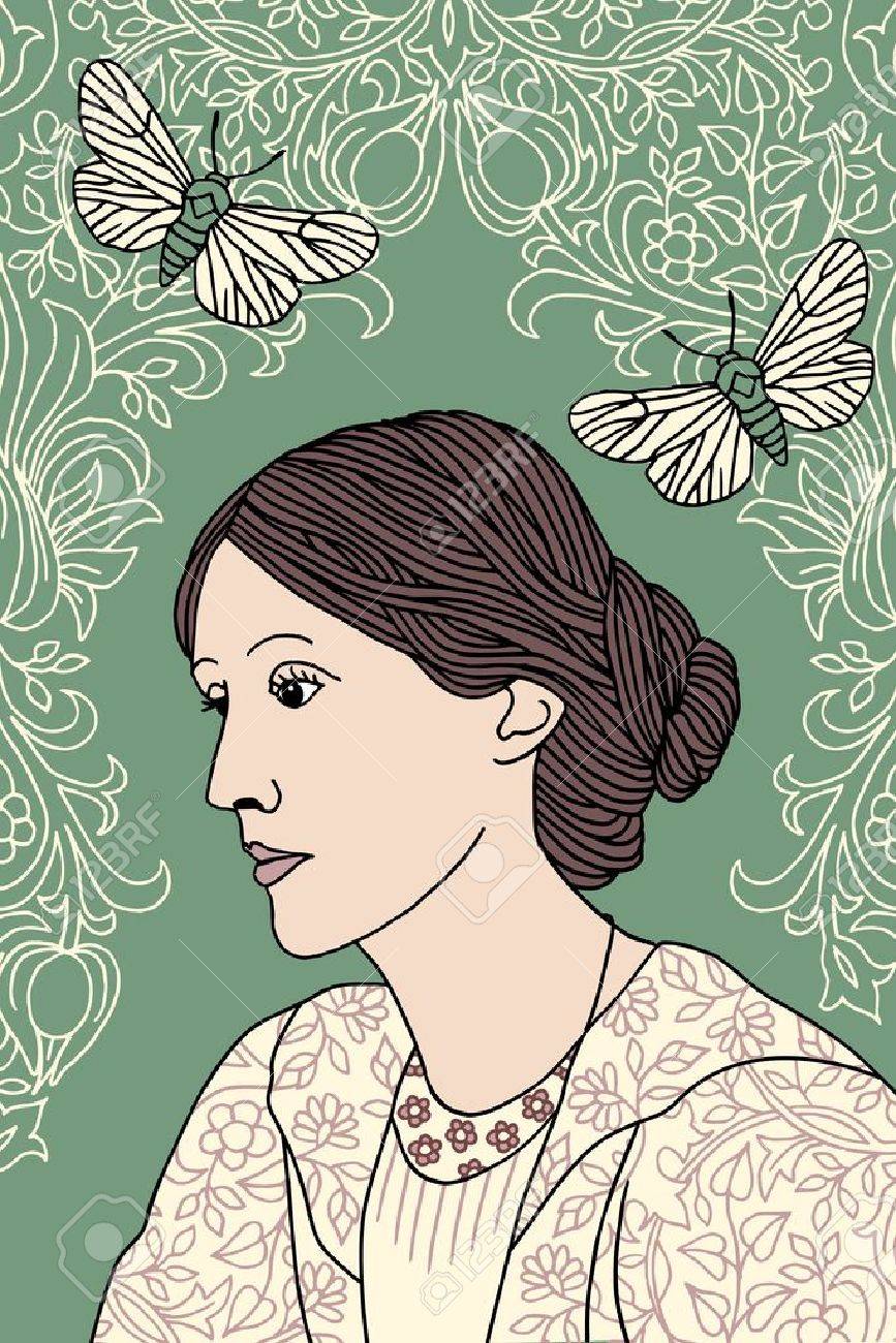 Hand drawn portrait of Virginia Woolf, with green background, butterfly moths and Victorian flower pattern - 68695017 Hand drawn portrait of Virginia Woolf, with green background, butterfly moths and Victorian flower pattern - 68695017