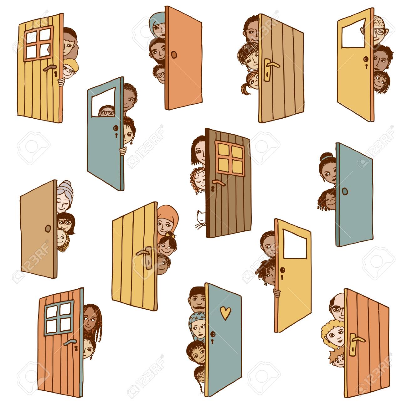 面白いし かわいい手でお客様をお迎えする様々 なの人やドアの後ろに隠れての扉を開く子供の図を描画 のイラスト素材 ベクタ Image