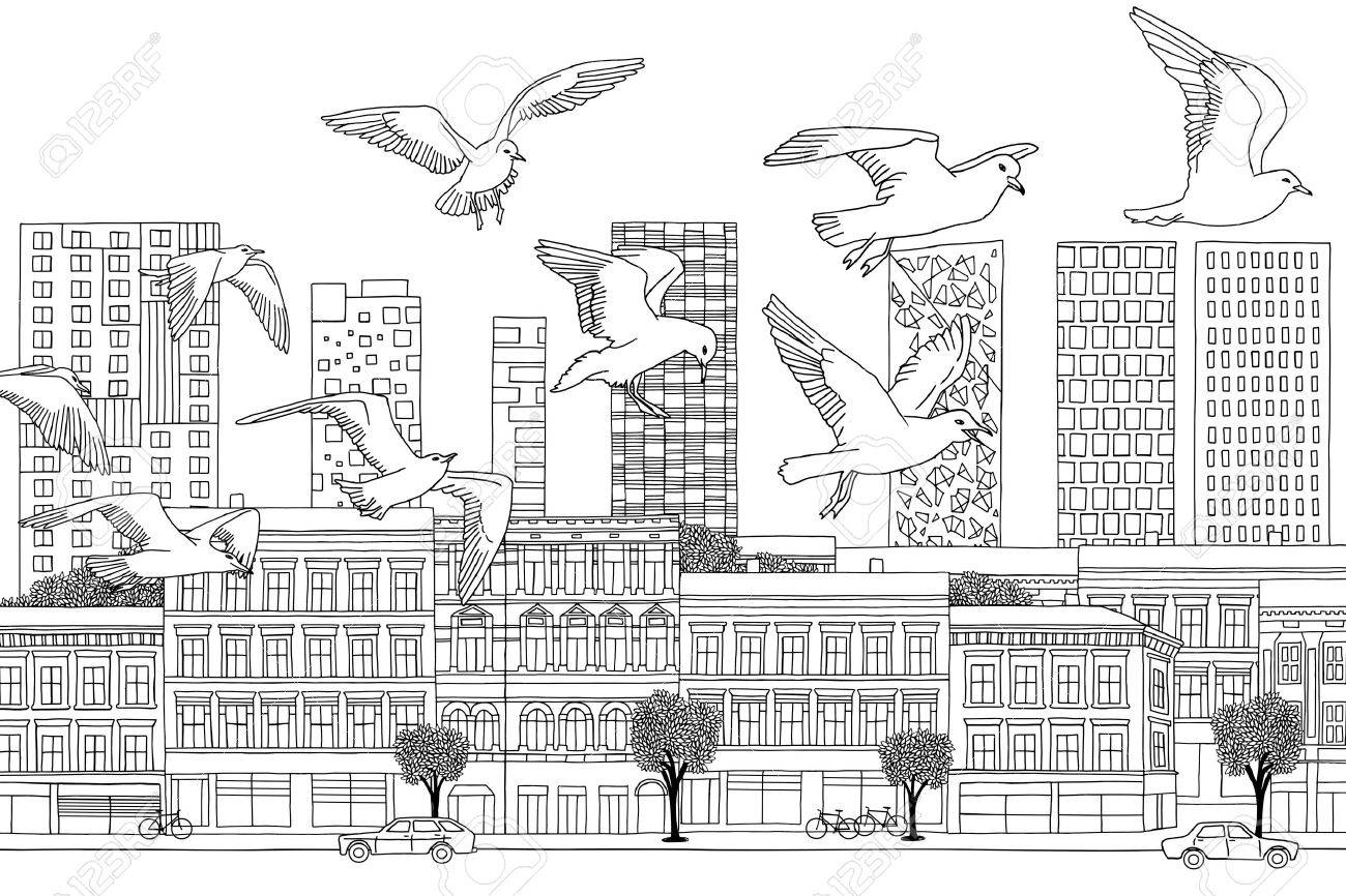 Birds Over Oslo Hand Drawn Black And White Illustration