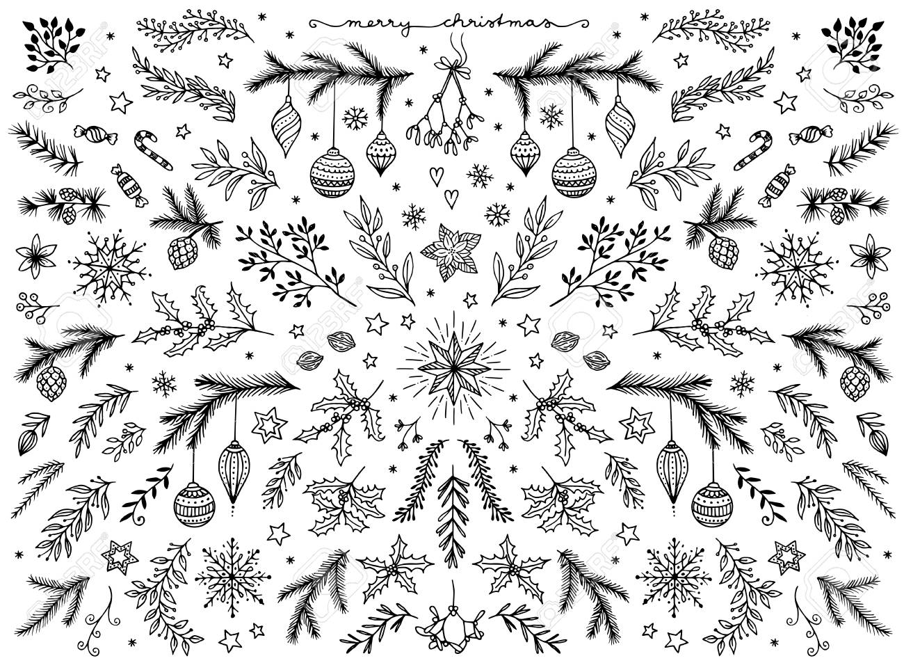 Hand sketched floral design elements for Christmas - 88602370 Hand sketched floral design elements for Christmas - 88602370