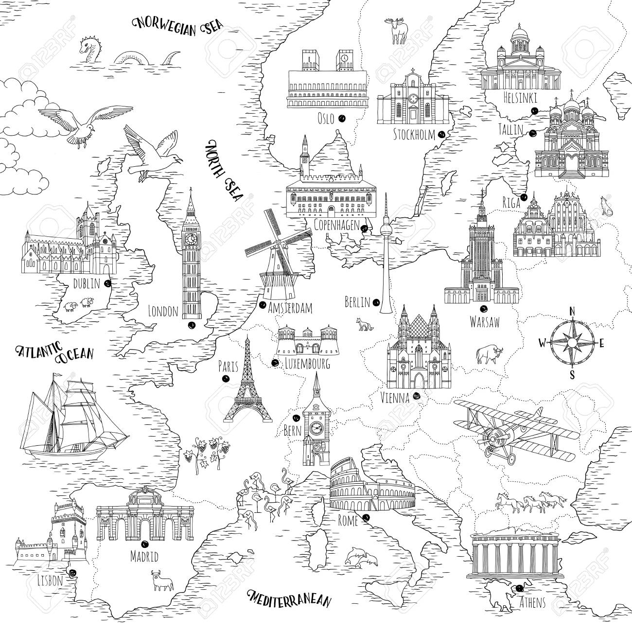 Hand drawn map of Europe with selected capitals and landmarks, vintage style - 104080112 Hand drawn map of Europe with selected capitals and landmarks, vintage style - 104080112