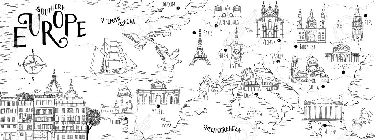 Hand drawn map of Southern Europe with selected capitals and landmarks, vintage web banner - 103749798 Hand drawn map of Southern Europe with selected capitals and landmarks, vintage web banner - 103749798