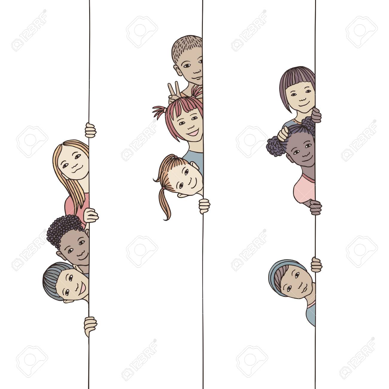 Hand drawn illustration of young and diverse children looking around the corner - 117796654 Hand drawn illustration of young and diverse children looking around the corner - 117796654