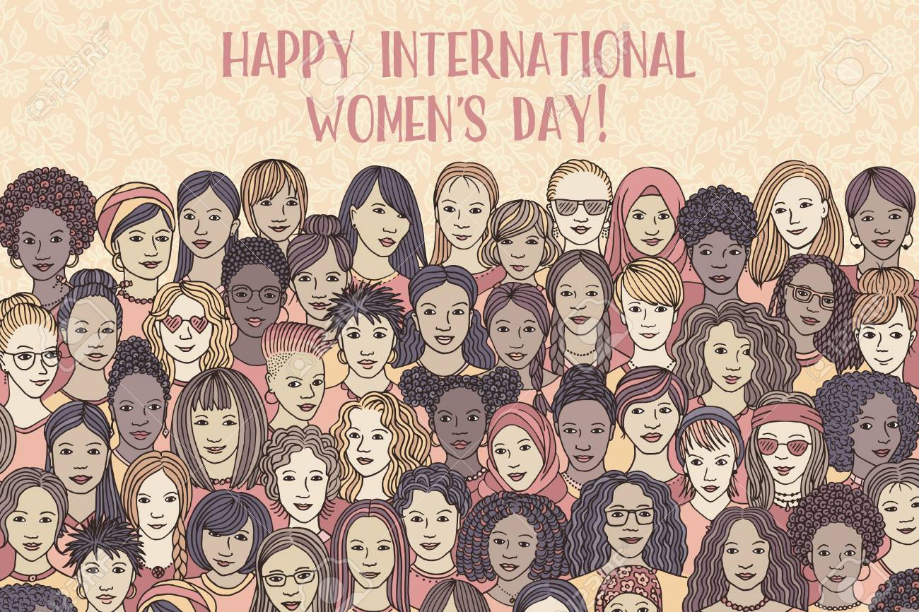 Banner for international women's day - a variety of women's faces from all over the world, diverse group of hand drawn women - 117796787 Banner for international women's day - a variety of women's faces from all over the world, diverse group of hand drawn women - 117796787