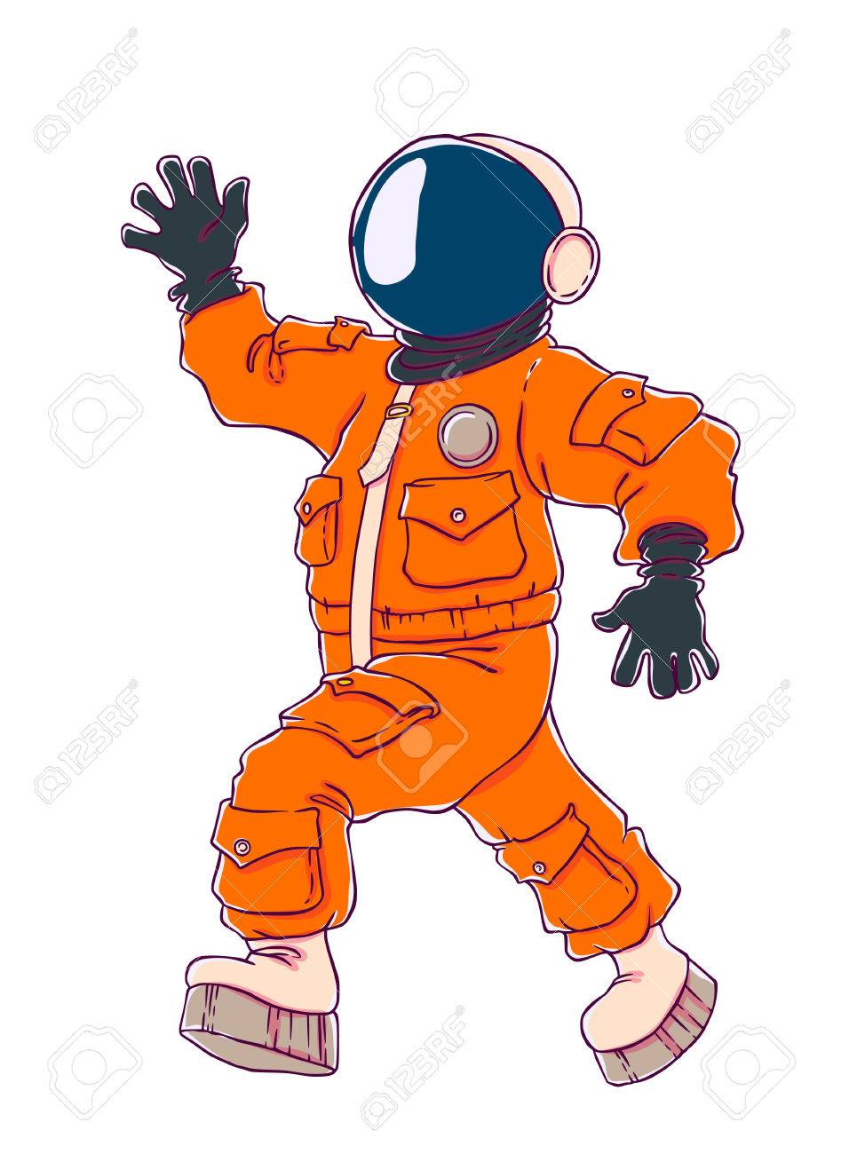 歩くと オレンジ色の宇宙服とマスクで宇宙飛行士を挨拶のイラスト のイラスト素材 ベクタ Image