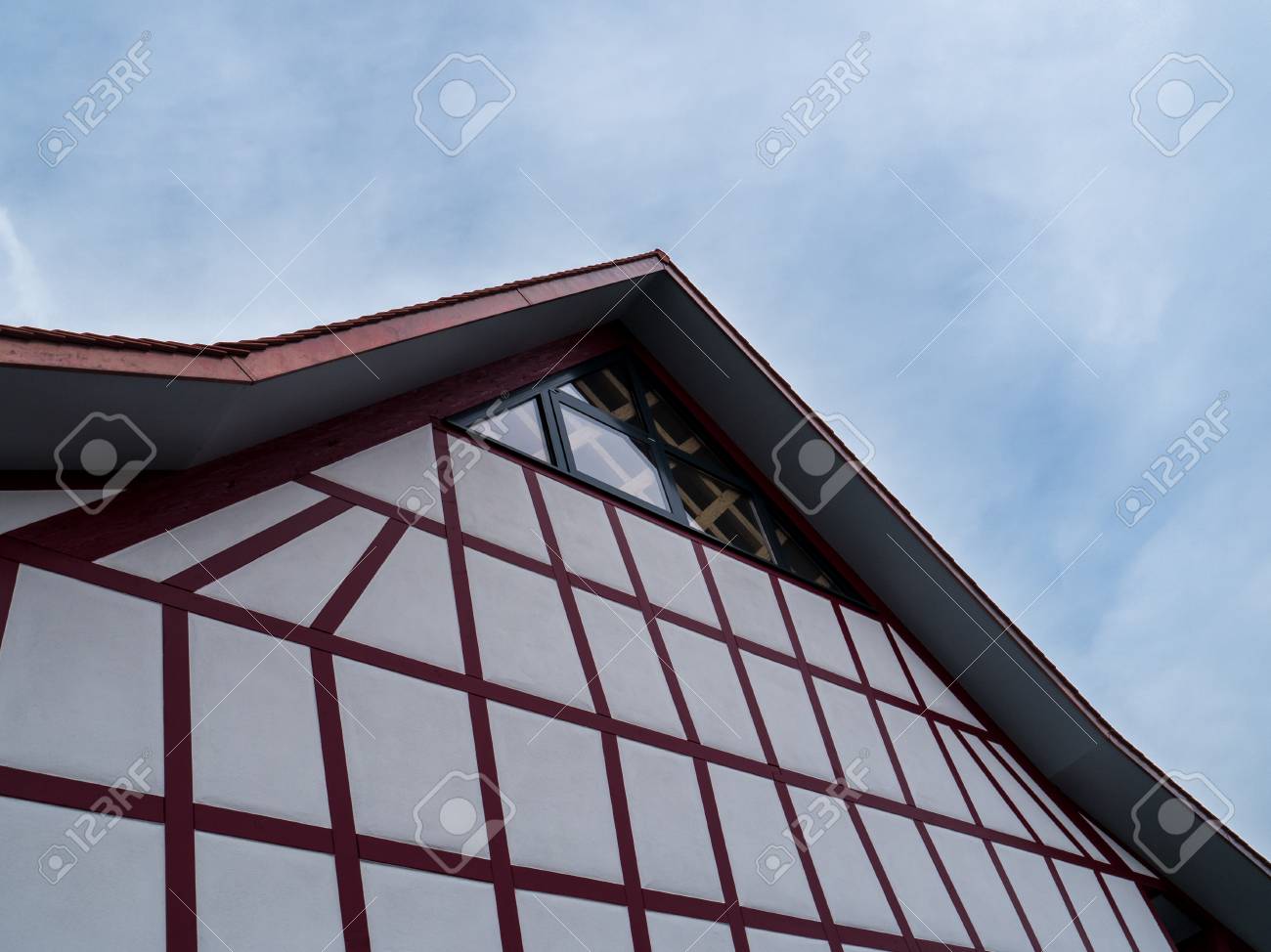 Modern German Half Timbered House Low Angle Shot Stock Photo