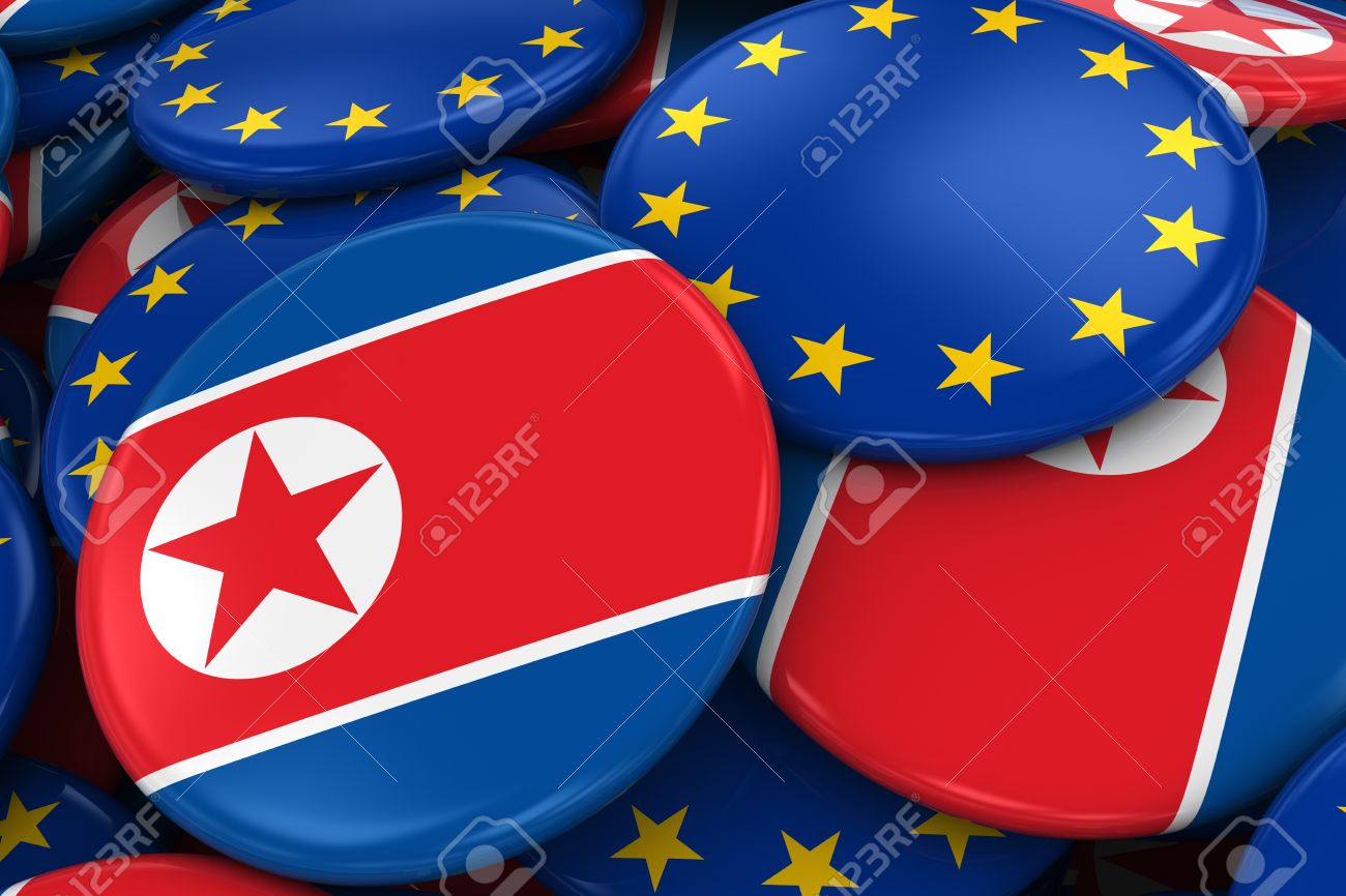 北朝鮮のバッジおよび杭 北朝鮮と欧州の関係概念イメージを 3 D