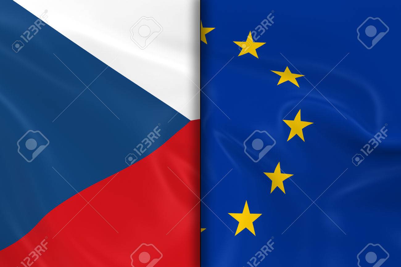 チェコ共和国と欧州連合分割真ん中 3 D のフラグをチェコ国旗と Eu 旗絹のようなテクスチャのレンダリングします の写真素材 画像素材 Image