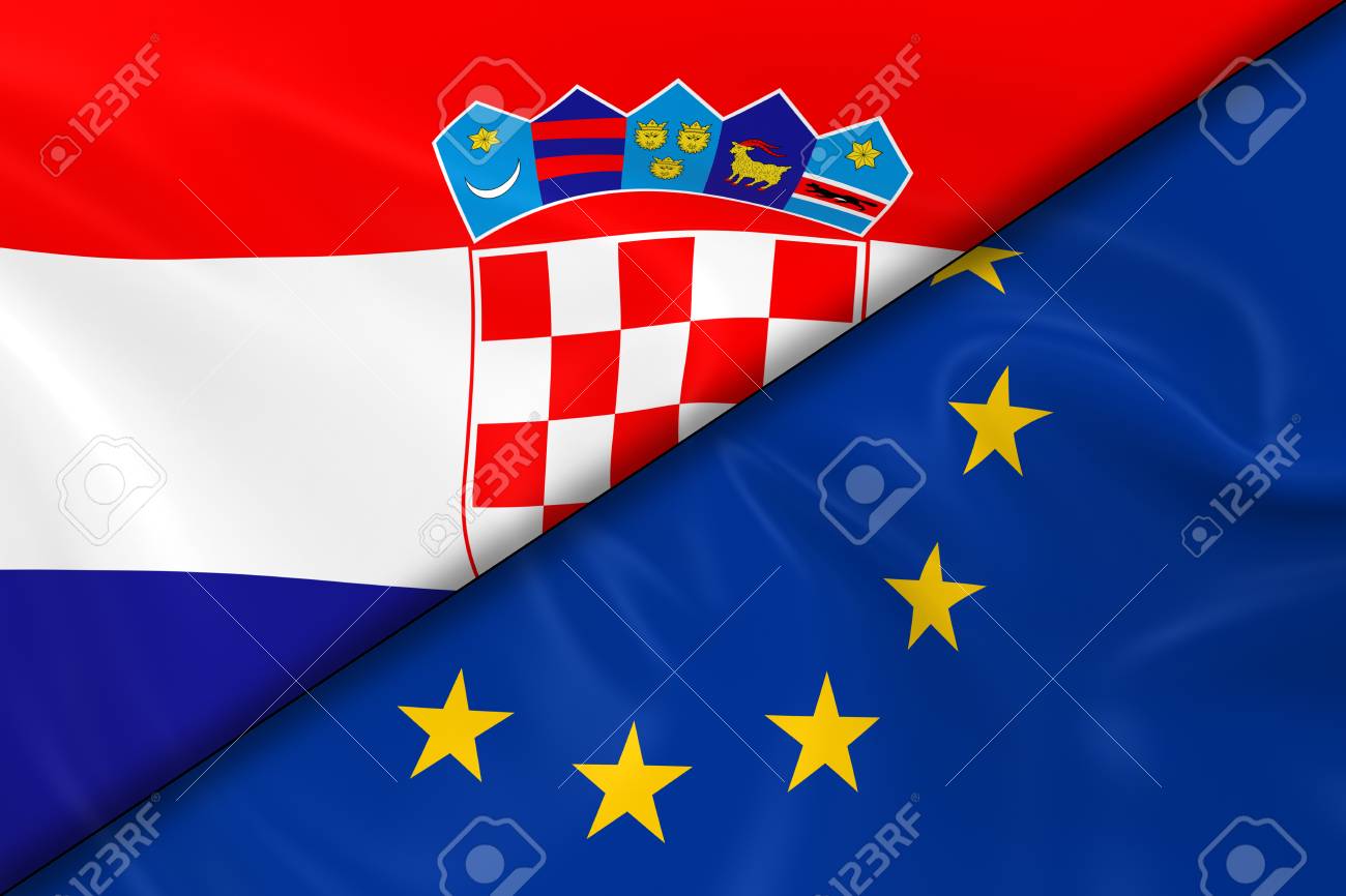 Drapeaux De La Croatie Et L Union Europeenne Divisee En Diagonale Rendu 3d Du Drapeau Croate Et Le Drapeau De L Ue Avec Texture Soyeuse Banque D Images Et Photos Libres De Droits Image