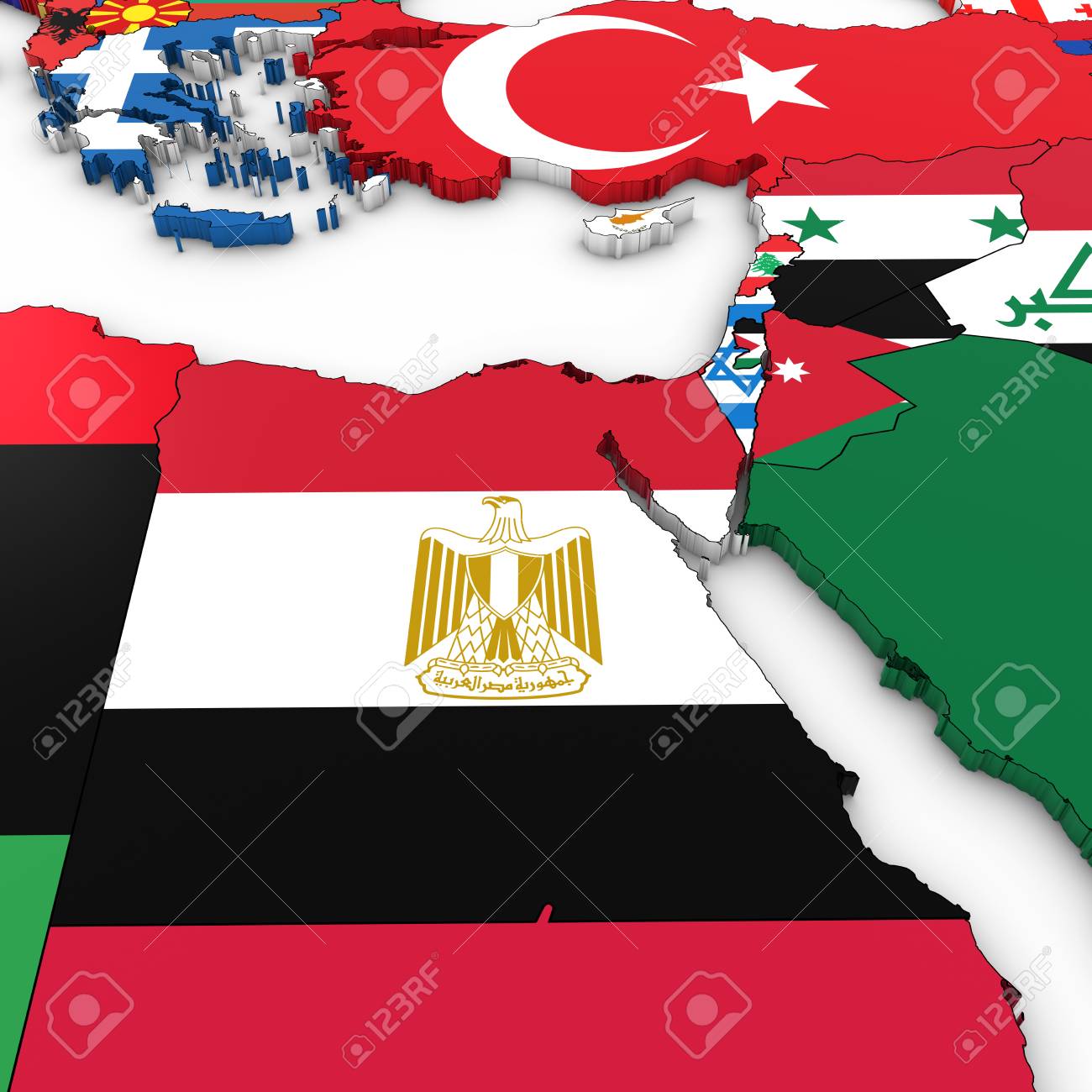北アフリカおよび白い背景 3 D イラストを国旗と中東の 3 D 地図 の写真素材 画像素材 Image