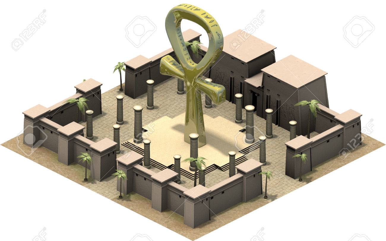 isometric buildings of ancient egypt the ankh symbol 3d rendering