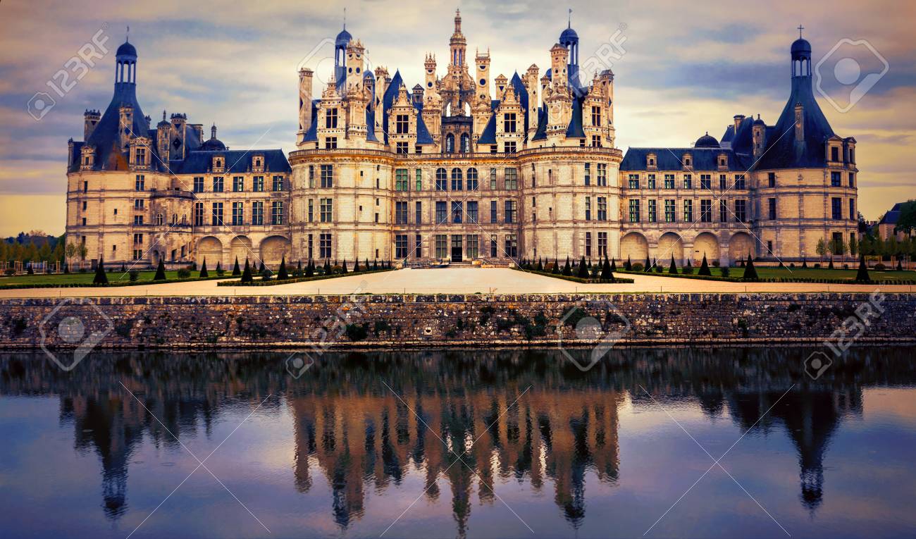 Magnificent historic monument over sunset, Chambord, Loire valley, France - 81386754 Magnificent historic monument over sunset, Chambord, Loire valley, France - 81386754