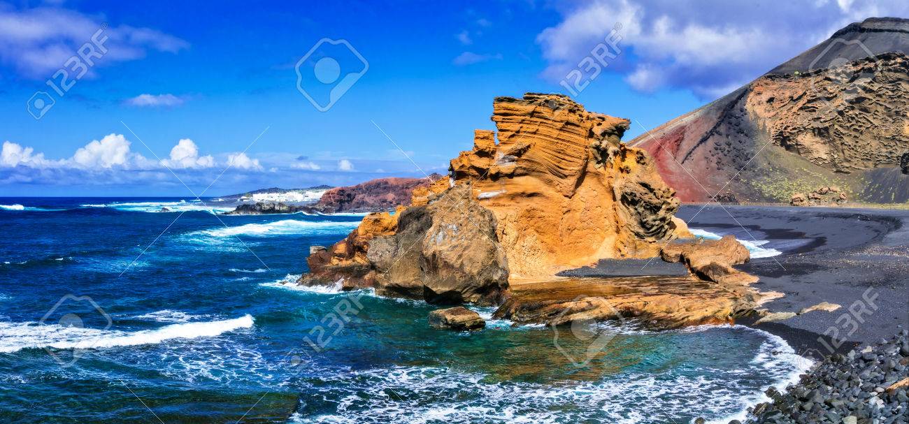 Beautiful Lanzarote island, black sand and volcanic rocks, Canary island, Spain. - 81703873 Beautiful Lanzarote island, black sand and volcanic rocks, Canary island, Spain. - 81703873