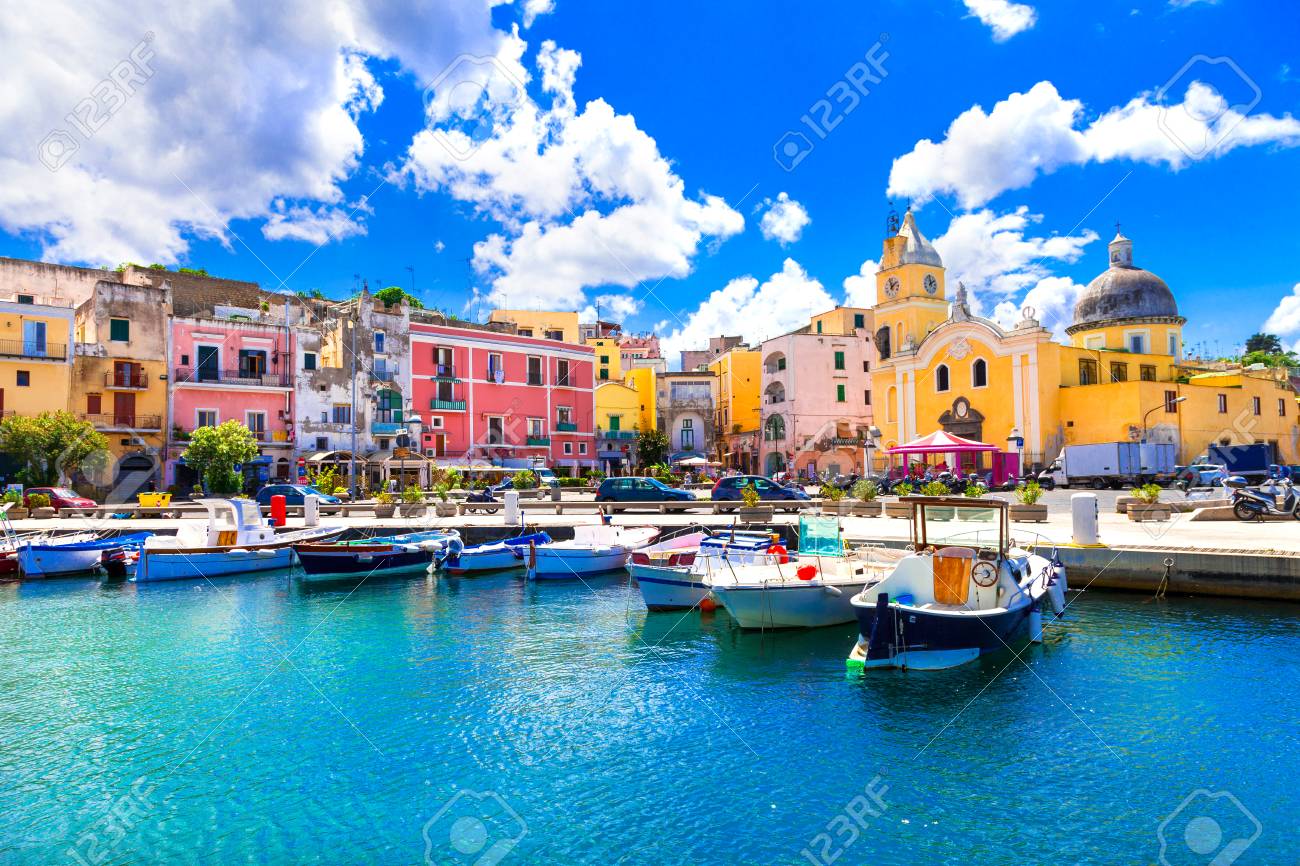 Traditional Procida village, view with colorful houses, Campania, Italy. - 98960284 Traditional Procida village, view with colorful houses, Campania, Italy. - 98960284